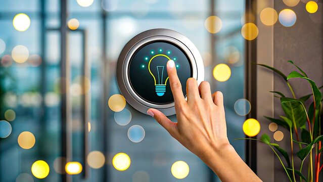 Hand pressing smart light control button on modern wall interface
