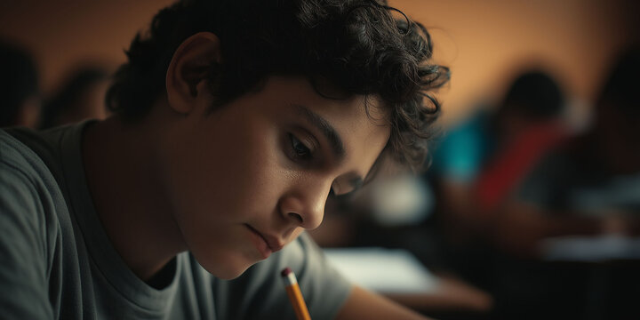 Un joven latino se concentra en tomar un examen, con m&aacute;s estudiantes en el fondo borroso.