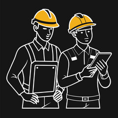 Construction Workers Depicted as Line Art Wearing Hard Hats and Vests Engaging in Tasks Related to Safety Regulations