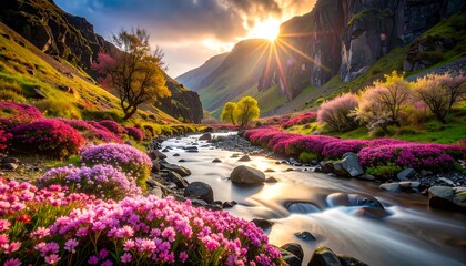 Flowing River Through Valley with Pink Flowers at Sunset