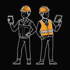 Construction Workers Depicted as Line Art Wearing Hard Hats and Vests Engaging in Tasks Related to Safety Regulations