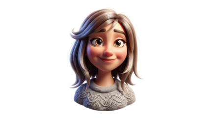 A cartoon woman with short brown hair and a gray sweater smiles gently against a white background, looking slightly downward.