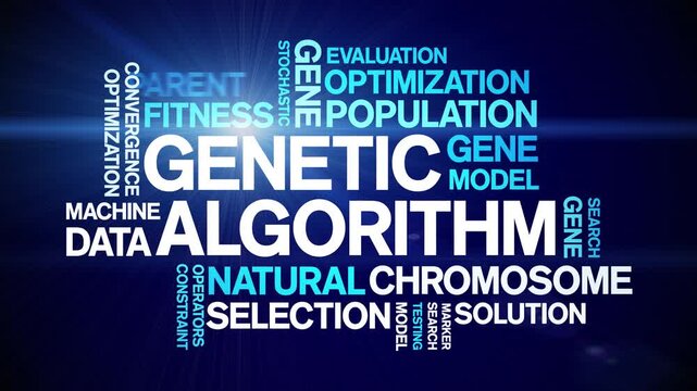 Genetic Algorithm animated word cloud-text design animation tag kinetic typography seamless loop.