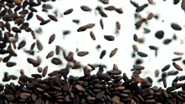 Pile of Black Sesame Seeds Bursting with Grains on White Surface Glistening Under Bright Studio Lights Displaying Oval Shaped Texture and Organic Diet Food for Healthy Recipe