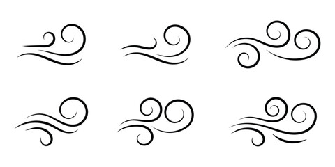 Wind icon set, wind blow line icon. Blowing wind outline icons. Windy weather symbol. Doodle line wind moving set. Breath of the typhoon.