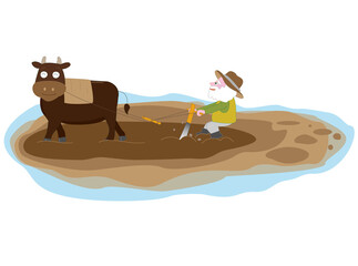 高齢者の農夫が水田を耕しているイラスト。