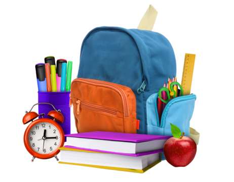 backpack with books and school stuff on transparent background png