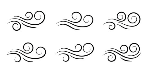Wind icon set, wind blow line icon. Blowing wind outline icons. Windy weather symbol. Doodle line wind moving set. Breath of the typhoon.