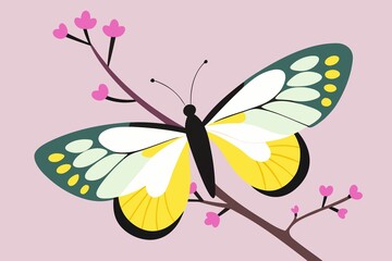 Stylized Butterfly on Flowering Branch with Pink Background Vector Illustration
