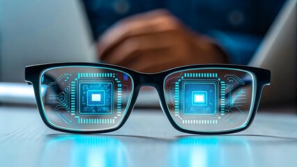 Smart glasses with digital microchip reflections showing futuristic technology concept
