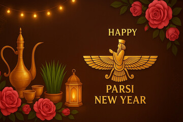 Parsi New Year Celebration with Faravahar Symbol, Lantern, Roses, and Traditional Items on Brown Background – AI-Generated