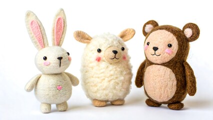 Cute handmade felt animal toys including bunny sheep and bear on white background
