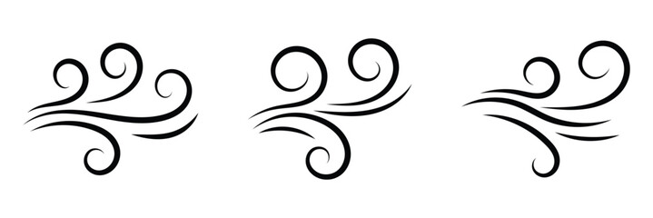 Fototapeta premium Doodle wind line sketch set. Hand drawn doodle wind motion, air blow, swirl elements. Wind blow vector symbol, air puff line icons on white background.