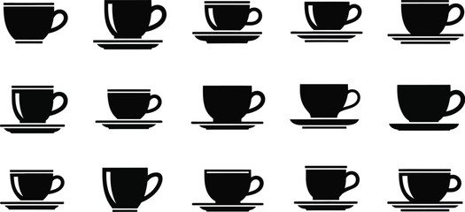 Vector art of a set of coffee cup and saucer silhouettes, ideal for representing various coffee drinks and breakfast themes