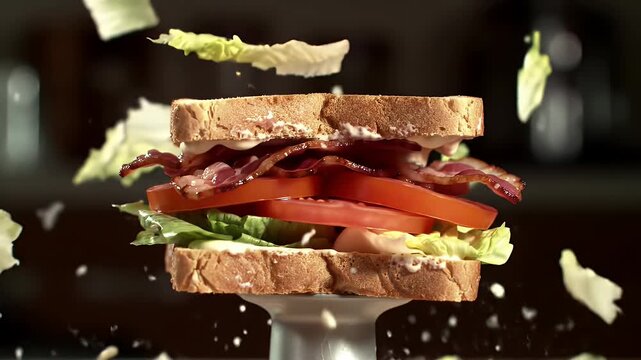 Stacked BLT Sandwich with Crispy Bacon Lettuce and Tomato Falling Featuring toasted Bread with visible Mayonnaise on a White Stand on Dark Background Food Photography