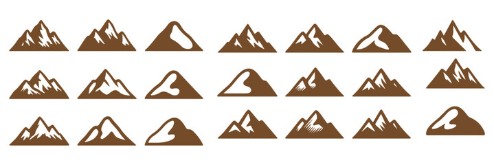 mountain icon set featuring hiking trails, snowy peaks