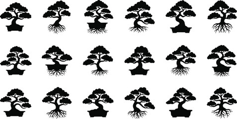 Fototapeta premium Vector art of a collection of bonsai tree silhouettes represents the art of miniature gardening