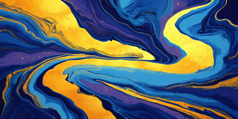 Colorful liquid waves of molten gold and blue twisting through space