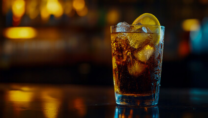 A glass of cold ginger ale with ice cubes and a slice of lemon in the middle of the bar table, captured in high-quality commercial beverage photography against a gloomy, dark background - Edition