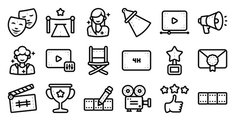 Cinematography icon set related to movie, film, cinema, filmography, television, entertainment, industry and others. vector illustration with line and outline style