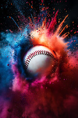 Fototapeta premium Baseball exploding through a colorful cloud of powder, creating a dynamic and vibrant scene