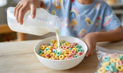 An Asian 12 years old boy wearing a cute t-shirt with is pouring milk from a plastic gallon jug into a white bowl filled with colorful Froot Loops cereal