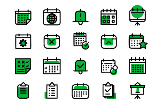 Collection of minimalist line art symbols representing concepts of scheduling productivity and efficient task completion for business and personal use