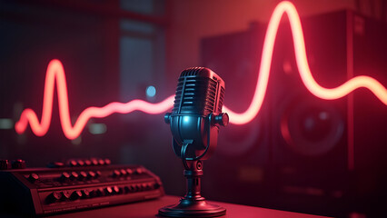 Vintage microphone with red waveform in recording studio