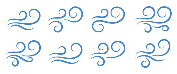 Set of hand draw wind line with doodle style. Wind hand drawn swirl doodle sketch element set. Air wave motion line, wind storm hand drawing, hand drawn gust weather effect. Vector illustration.