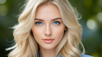 Fototapeta premium Panorma web bannere portrait of naturally beautiful woman in her twenties with blond hair and blue eyes