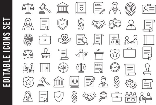 Editable Outline Icon Set for Law, Justice, and the Legal System