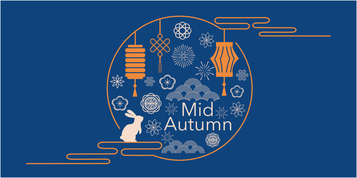 Mid autumn festival illustration. Asia traditional patterns and bunny decoration banner for Mid autumn festival. Vector illustration.