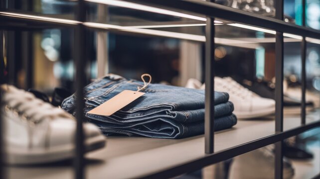 Folded jeans displayed on a shop shelf in a retail setting with tag