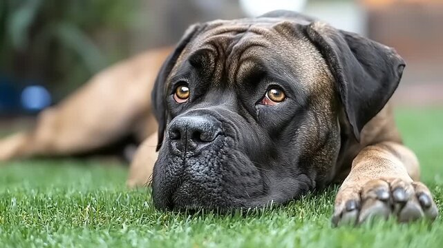 Beautiful Cane Corso Dog Resting on Green Grass, Close-Up Portrait in Natural Light