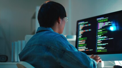 Back view software developer analyzing code on desktop monitor for application development and system debugging task - Powered by Adobe