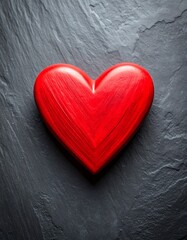 鮮やかなチェリーレッドの手描き抽象ハートがテクスチャー豊かなスレートグレーの表面に描かれ、上からの柔らかな光が微かな影を繊細に演出するアートデザイン


