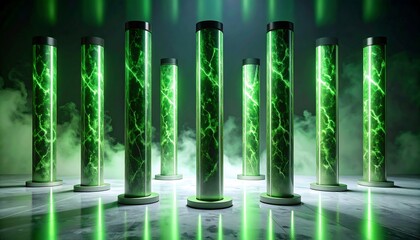 Glowing Green Cylinders Abstract Scene with Smoke