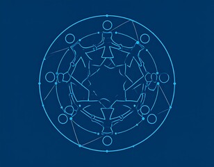 Abstract blueprint circle featuring interconnected human figures symbolizing unity and teamwork