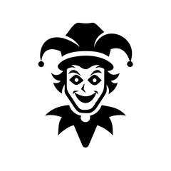 Black and white graphic of a jester with a big smile