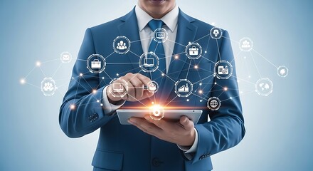 Professional businessman interacting with virtual network on tablet representing digital transformation and business process automation with interconnected icons on a blue background