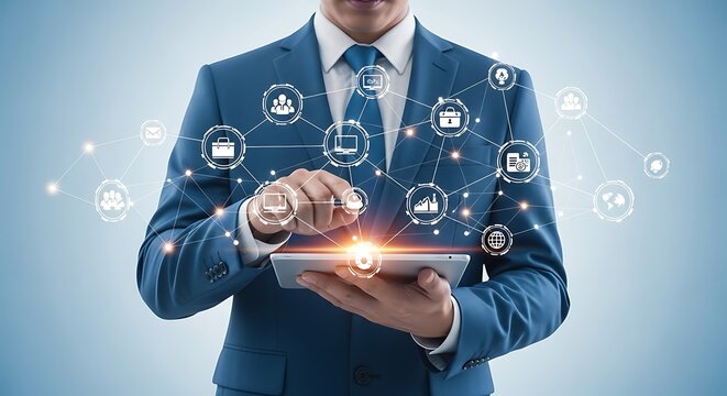 Professional businessman interacting with virtual network on tablet representing digital transformation and business process automation with interconnected icons on a blue background