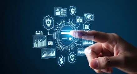 Secure online payments and financial technology concept with credit card and data analysis represented by glowing digital interface and human touch