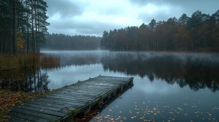 A weathered, abandoned pier stretching into a calm, misty lake