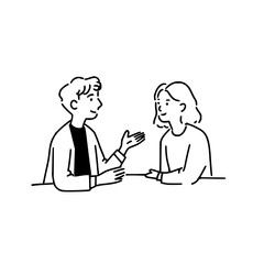 Two people in conversation depicted in a simple line drawing style with minimal detail and clear outlines