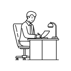 Man sitting at desk writing on paper under lamp in outline style with chair and desk visible clearly