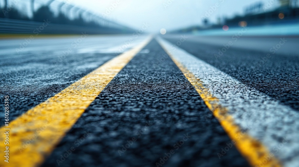Wall mural this image captures an empty f1 track, focusing on the starting grid and the textured asphalt surfac
