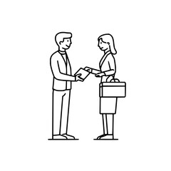 Man giving a document to a woman in a suit with a briefcase in a monochrome line drawing illustration