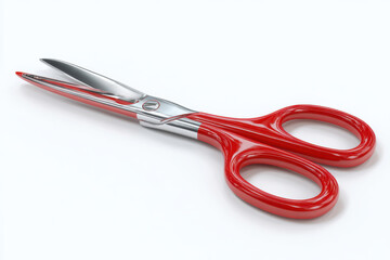 Red handled stainless steel scissors on a white background