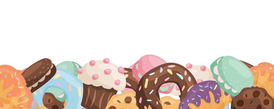Vector seamless border featuring a variety of donuts, muffins and croissants with colorful frosting and sprinkles, forming a bottom design element. Suitable for bakery, dessert, breakfast and sweet