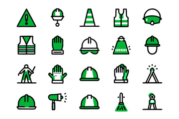 Collection of simplified safety symbols and warning signs for workplace hazard prevention and security awareness